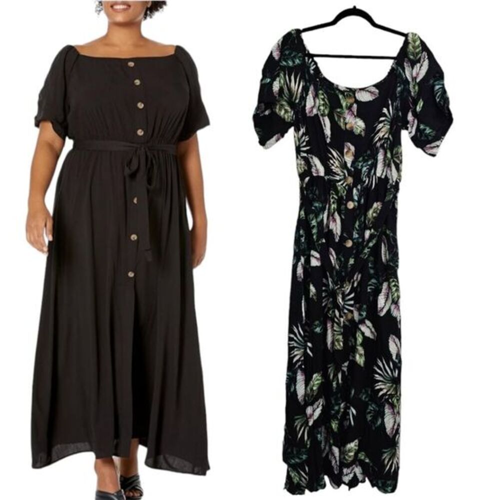 City Chic Women's Plus Size Tropical Tie Waist Maxi Dress Puff Sleeve M Plus 18